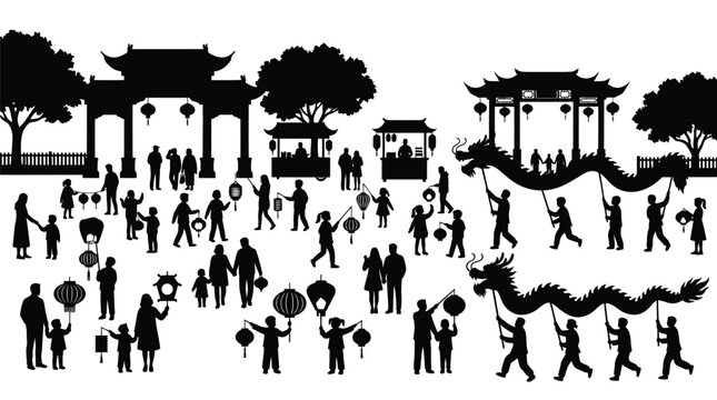 Silhouettes of people celebrating a traditional lunar festival with dragon dancers and bright paper lanterns