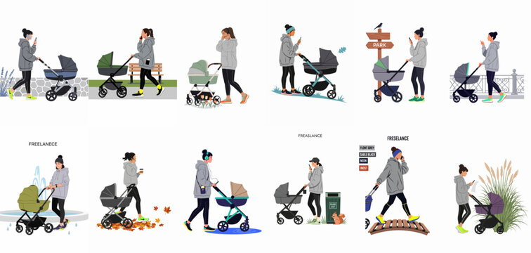 Vector collection of mothers walking with baby strollers in various outdoor settings, multitasking with smartphones and headphones in a modern lifestyle scene.
