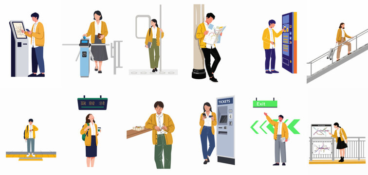 Flat illustration set of people in a subway or train station, depicting various commuting and travel activities like buying tickets, waiting, and navigating.