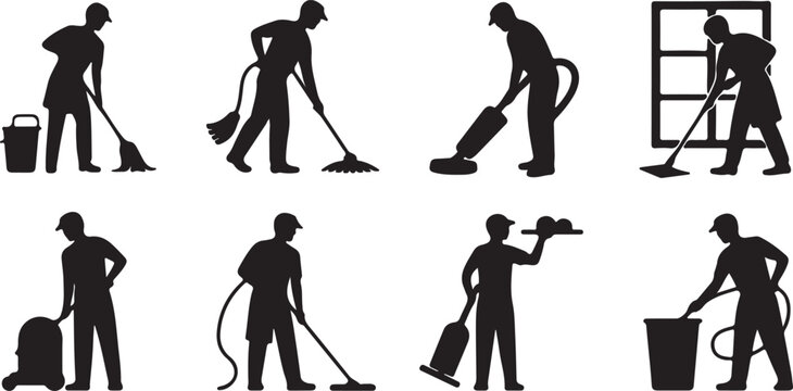 Cleaning worker silhouette set, janitor people with mop and bucket, black and white cleaner illustration, maintenance staff vector design for hygiene and service industry