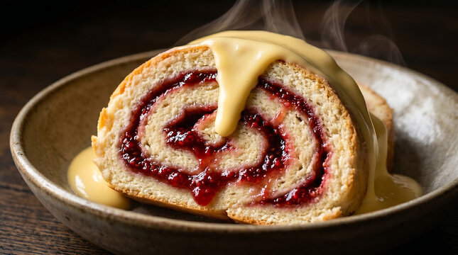 Traditional Jam Roly-Poly &ndash; Close-Up of Classic Victorian Steamed Suet and Raspberry Jam Roll