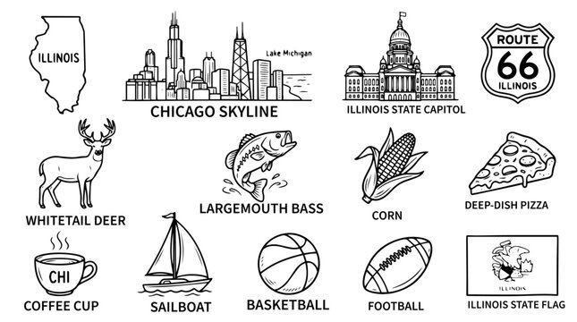 Illinois State Vector Doodle Set | Black and White Line Art | Editable Graphic for Travel, Culture, and Midwest Heritage Design Projects