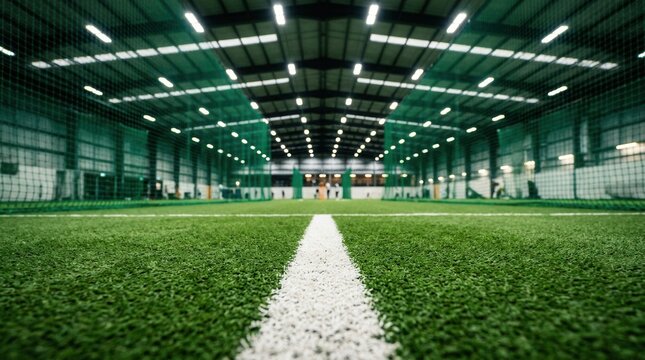 Professional indoor cricket training ground with bright lights and green turf.