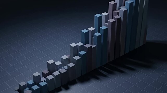 Isometric view of rising 3D bar graph on grid, cool toned and rendered with shadows