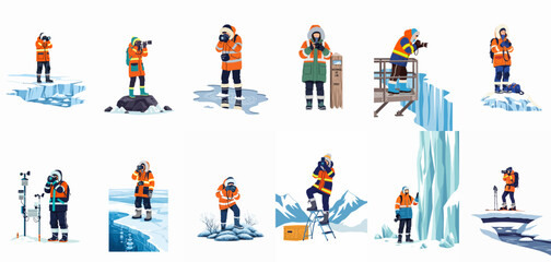 Collection of flat vector illustrations depicting scientists and photographers conducting research and capturing images in the Arctic and Antarctic polar regions. © Lopezda