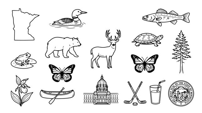 Minnesota State Vector Doodle Set | Black and White Line Art | Editable Graphic for Travel, Nature, and Midwest Heritage Design Projects