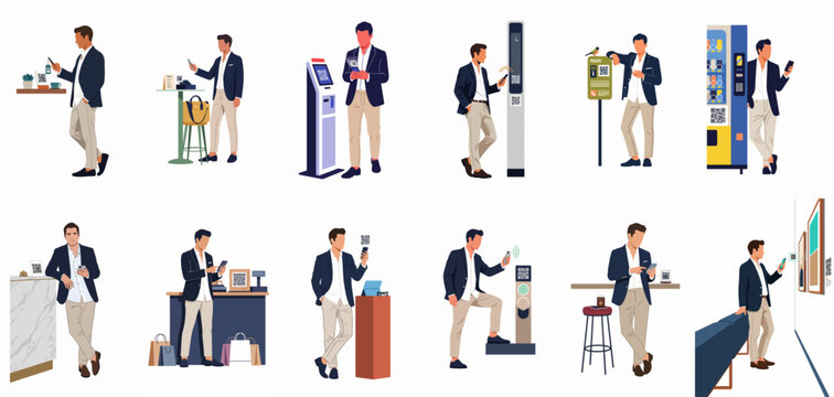 Vector illustration set of a man using a smartphone to scan QR codes for payments, information, and check-ins in various daily scenarios.