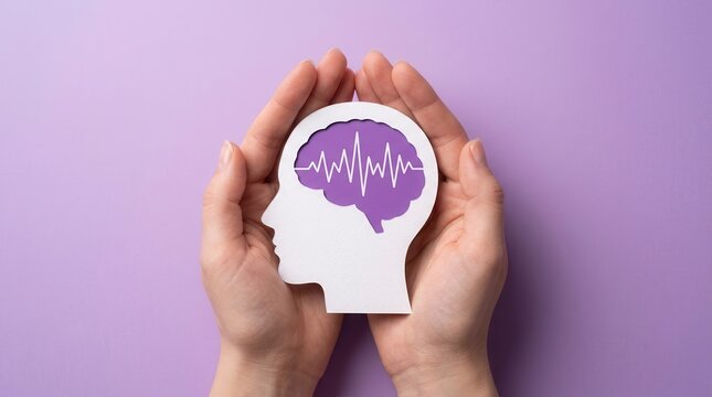 Hands protecting a brain cutout silhouette representing autism, Alzheimer, and epilepsy awareness.