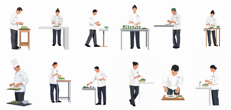 Collection of professional chefs in white uniforms meticulously plating gourmet dishes with garnishes, isolated on a white background for culinary and restaurant themes.
