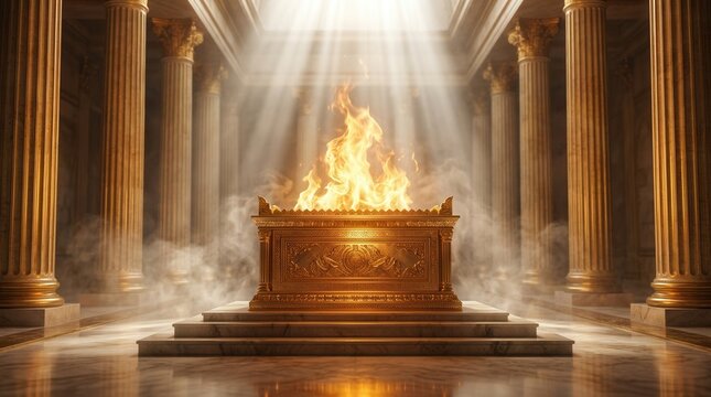 Mystic smoky atmosphere in an ancient temple featuring a golden altar and tall columns.