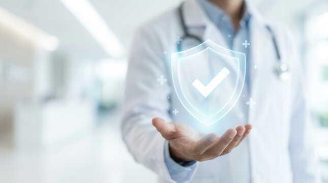 Professional doctor displaying a health insurance and life insurance policy protection symbol.