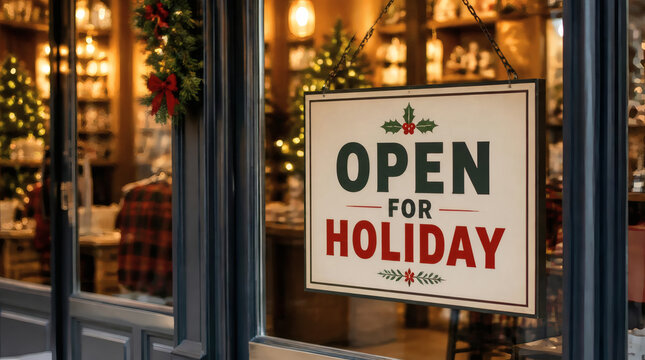 open for holiday business storefront sign warm inviting christmas shop photo with bold modern typography and shallow depth of field