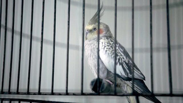 Closeup of cockatiel bird perched inside metal cage, domestic pet with gray and white feathers captured in calm indoor environment with soft lighting
