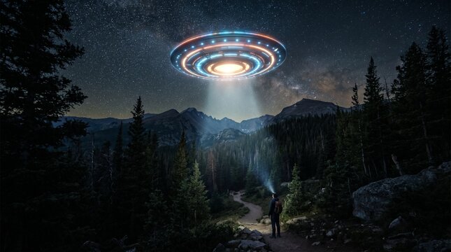 A UFO hovers above a person standing on a forest path at night.