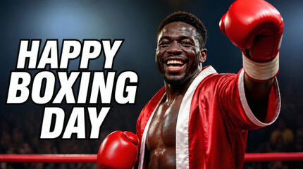 happy boxing day victory portrait joyful champion boxer with red gloves bold text overlay celebratory sports photography for holiday campaigns festive combat sport marketing