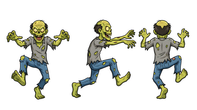 Cartoon zombie character set with three poses on transparent background