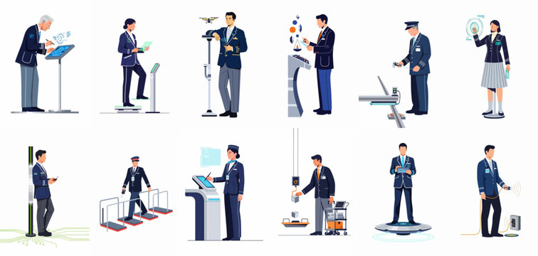Set of flat vector illustrations depicting uniformed personnel interacting with advanced technology, digital kiosks, and futuristic interfaces in a professional environment.