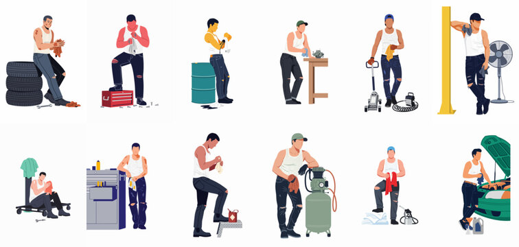 Collection of flat vector illustrations of a masculine auto mechanic performing various tasks in a garage with professional workshop equipment and tools.