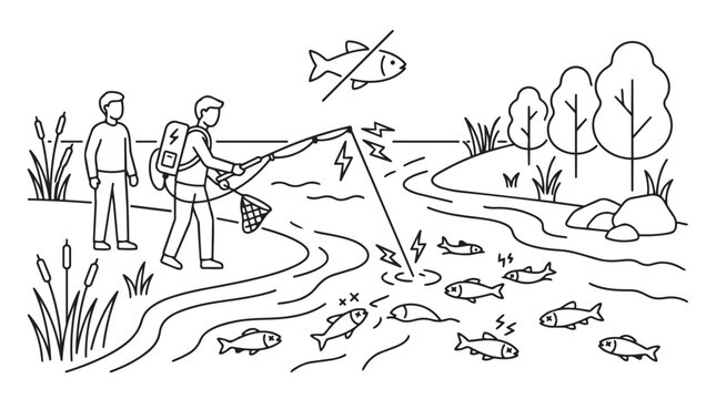 Illegal electrofishing in a river with dead fish and no fishing sign, no fishing