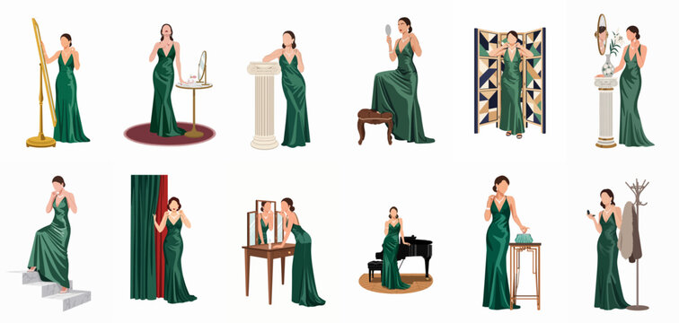 Set of illustrations featuring an elegant woman in an emerald green silk gown, posing in various luxurious and glamorous scenes.