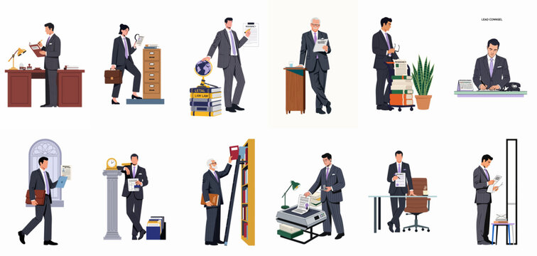 Set of illustrations featuring legal professionals, attorneys, and paralegals performing various office tasks related to law and immigration residency petitions.