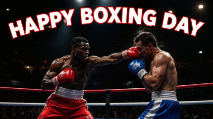happy boxing day celebration in boxing ring bold white red outline text overlay dramatic spotlight vibrant red blue white colors festive mood modern sport photography