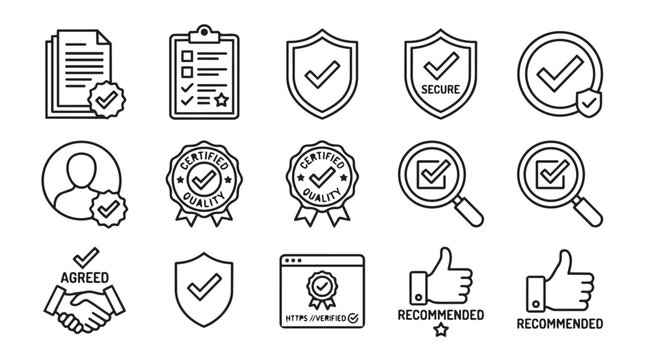 Approval certification verification recommendation line icons set with thumbs