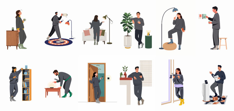 Illustration set showing people interacting with various smart home technologies like voice assistants and mobile apps for automated living.