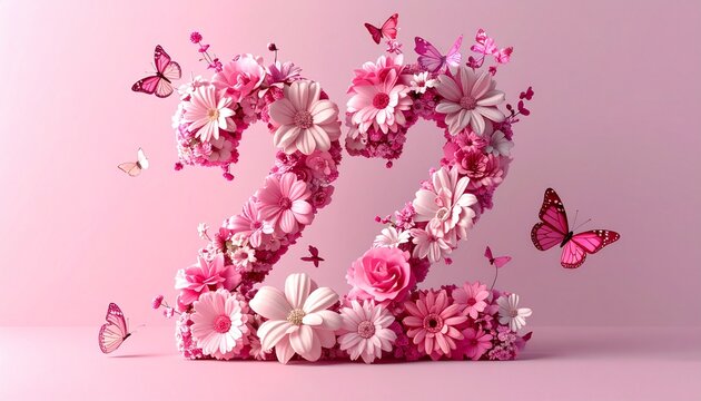 Pink flowers and butterflies decorate the number twenty-two in a festive scene.