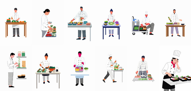 Set of professional chefs preparing food and packing bento boxes in a commercial kitchen setting, flat vector illustration on white background.