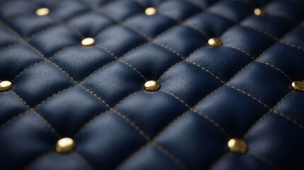 Fototapeta premium Elegant navy blue quilted leather background with gold button details and stitching.
