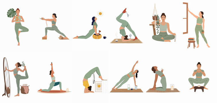 Collection of women practicing various yoga poses and mindfulness activities in sage green athletic wear, promoting wellness and a healthy lifestyle.