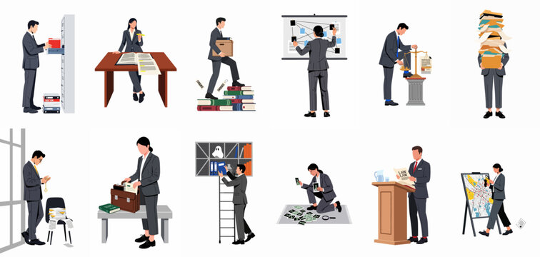 Flat vector illustrations of legal professionals and investigators performing various tasks including filing, researching, analyzing evidence, and managing court cases.