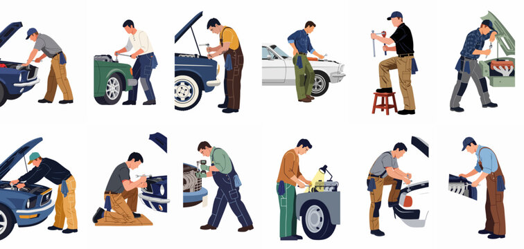 Collection of professional mechanics repairing and maintaining various cars in a workshop, showing different poses and tasks for automotive service.