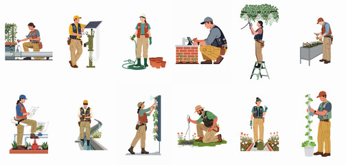Fototapeta premium Flat Illustration Set of Professional Gardeners and Technicians Working with Smart Agricultural Systems, Vertical Farming, and Modern Irrigation Technology.