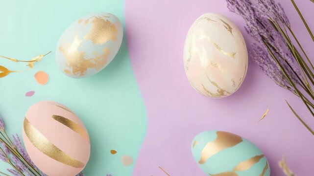 Easter eggs in pink, blue, and white colors are arranged on pastel backgrounds. Lavender sprigs and golden accents add a festive touch. Perfect for Easter celebrations
