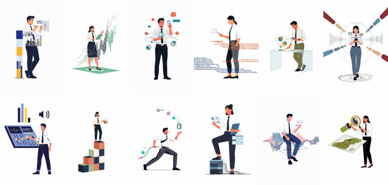 Collection of business professionals interacting with digital data, analytics charts, and futuristic technology for financial management, global communication, and strategic planning concepts.