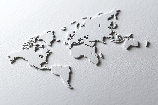 Isometric View of White Textured Paper World Map, Minimalist Concept