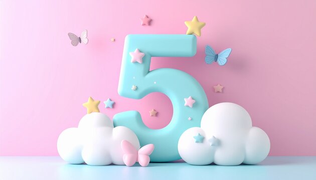 A large blue number five surrounded by fluffy clouds and colorful butterflies and stars on a pink background.