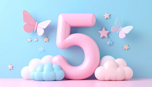 A large pink number five sits on pastel clouds amidst butterflies and stars on a blue background.