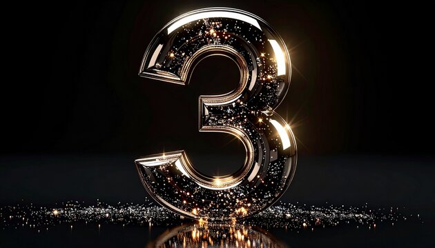 A shiny gold number three stands alone on a dark surface with glitter.