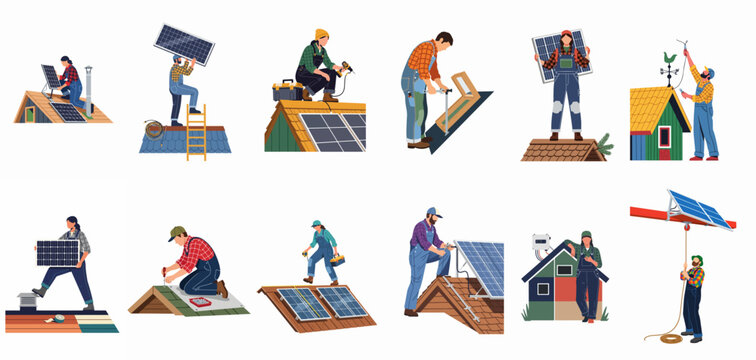 Set of illustrations depicting professional technicians and installers working on residential rooftops to install solar panels for renewable green energy solutions.