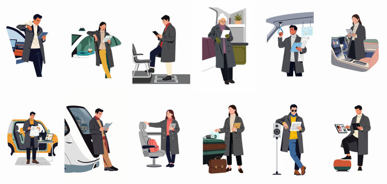 Set of flat illustrations showing diverse people in stylish coats using digital tablets and reading in various urban and travel settings.