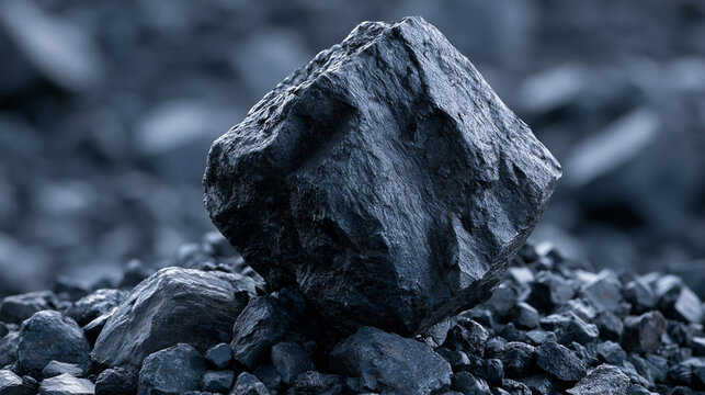 Coal chunk stands prominently amidst a pile of scattered, smaller coal fragments.