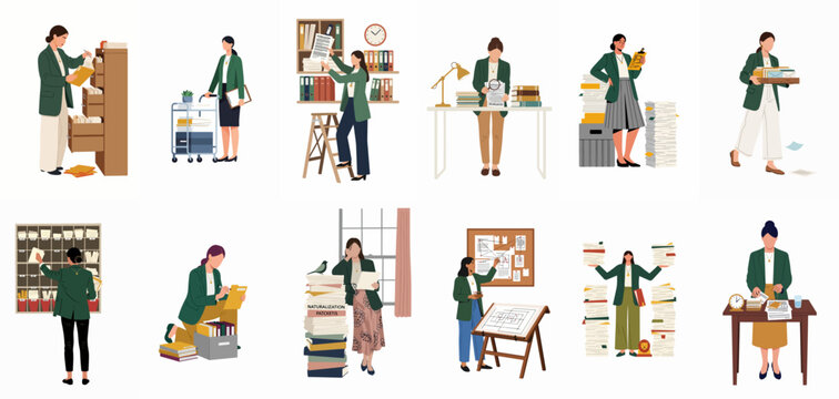 Set of flat vector illustrations depicting a professional woman managing various office tasks, paperwork, and organizational duties in a corporate environment.
