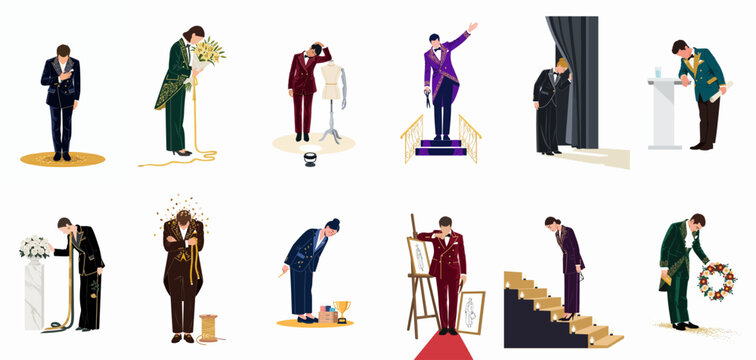 Set of elegant characters in ornate formal attire and tuxedos performing graceful bows, showcasing themes of theater, fashion, and prestigious awards ceremonies.