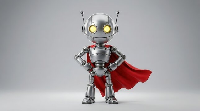 Digital superhero robot character with antennae and red cape standing ready.