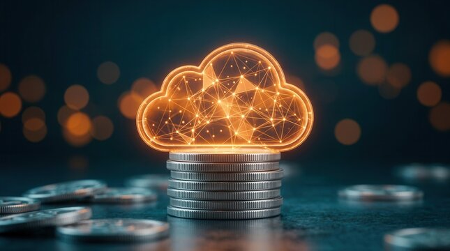 Digital transformation and automation performance management featuring stacked coins and a luminous cloud network.