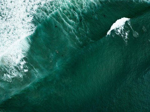 Aerial view of surfers waiting for waves in the turquoise waters of La Jolla Cove with white sea foam and deep green ocean swells San Diego, California, United States.