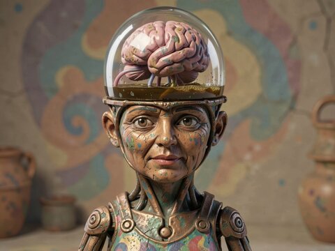 Vintage Sci-Fi Sculpture Featuring Brain Under Glass Dome With Painted Face and Metallic Armor